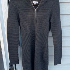 Calvin Klein Dark Charcoal Long Sleeved Ribbed Two-Way Zip-Up Front Fitted Dress